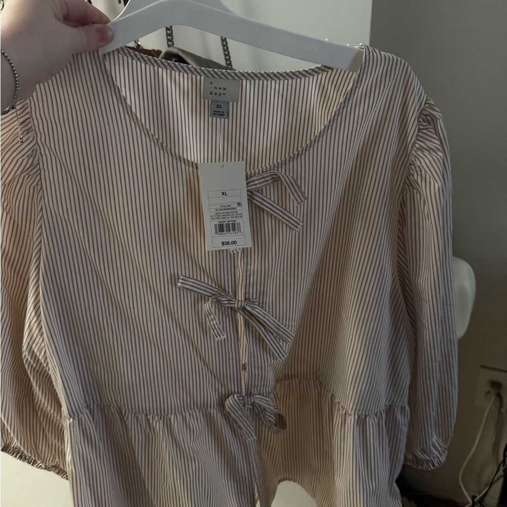 Striped Cream Blouse with Bow Accents